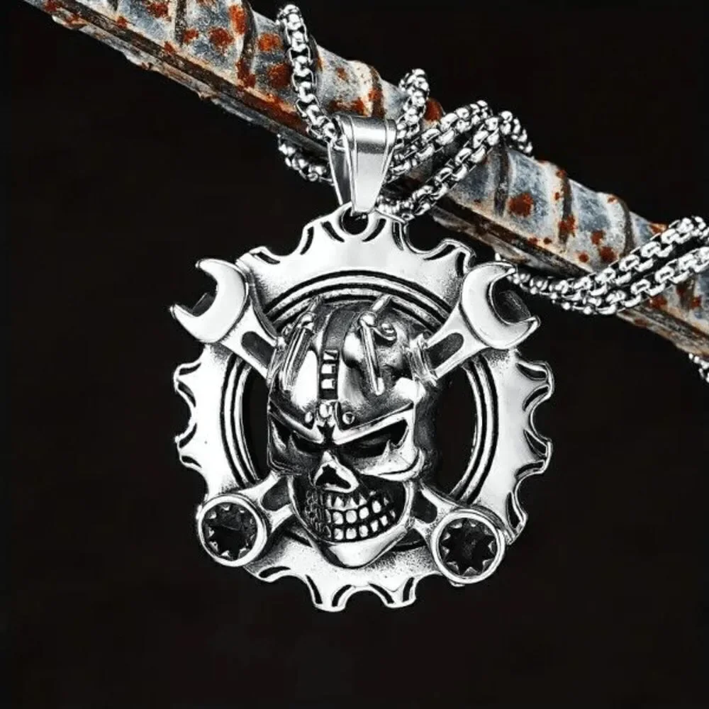 Skull Head on Wrench and Gear Stainless Steel Pendant Necklace